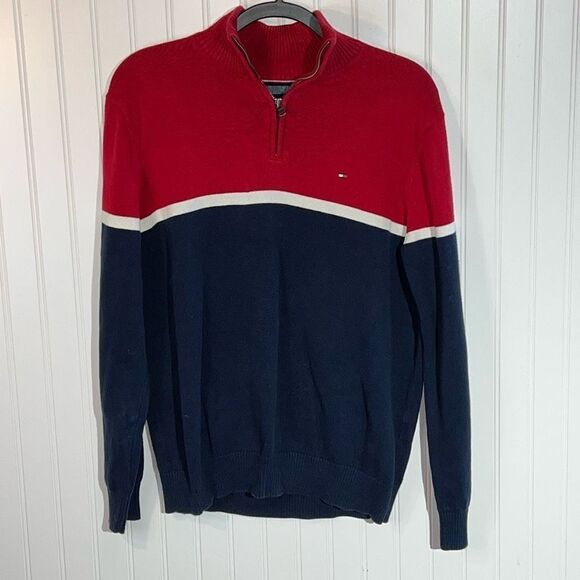 Vintage Tommy Hilfiger Sweater Mens Medium Red And Blue Striped 1/4 Zip Pullover - Picture 1 of 12